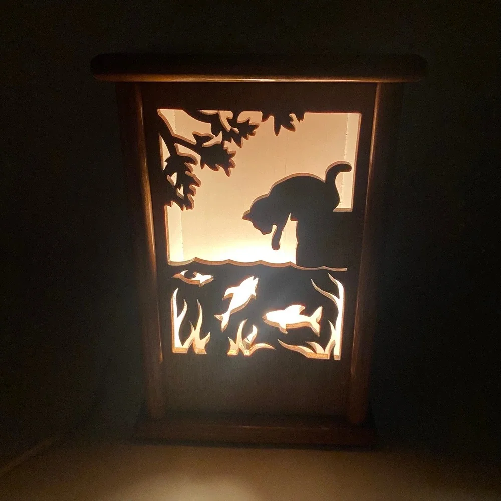 Vintage Handmade Wood Table Night Light w‎ 4 Interchangeable Carved Front Panels